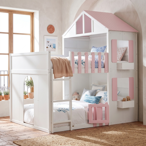 Full over Full House Bunk Bed Space-Saving Bedroom Furniture for Home, Modern Playful Design  with Light -Pink - MDF,Pine,Plywood - MDF