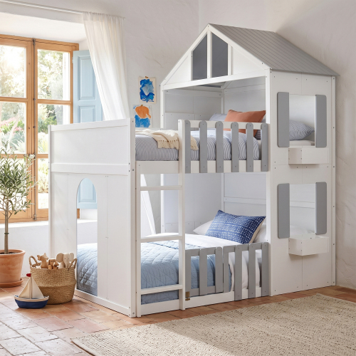 Full over Full House Bunk Bed Space-Saving Bedroom Furniture for Home, Modern Playful Design  with Light-Gray - MDF,Pine,Plywood - MDF - Not Specified