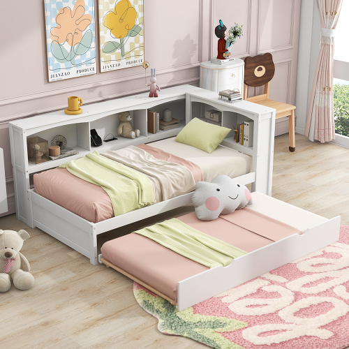 Twin Size Daybed with Trundle, Storage Cabinets and USB Ports, White - Solid Wood+MDF - Box Spring Not Required - Wood
