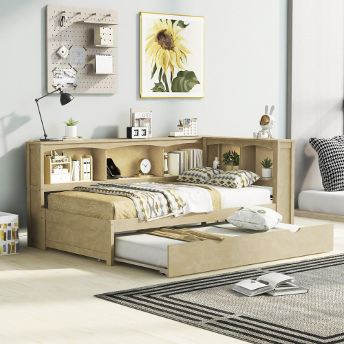Twin Size Daybed with Trundle, Storage Cabinets and USB Ports, Wood Color - Solid Wood+MDF - Box Spring Not Required
