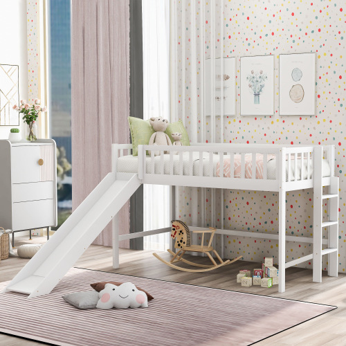 Twin Size Low Loft Bed with Ladder and Slide, White(OLD SKU:WF196418AAK) - Pine - Pine - Not Specified - Not Specified - Not Specified - Not Specified