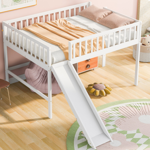 Full Size Low Loft Bed with Ladder and Slide,White - Pine - Pine - Bedroom - Box Spring Not Required - Wood
