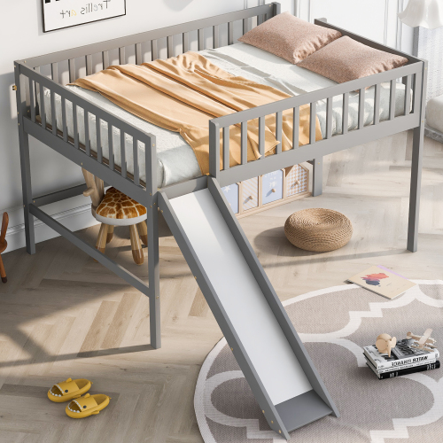 Full Size Low Loft Bed with Ladder and Slide, Gray - Pine - Pine - Bedroom - Box Spring Not Required - Wood