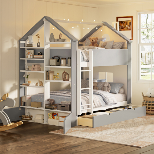 Full Size Bunk Bed with Storage Drawers & Shelves, Modern Two-Tone Wood Bunk Bed with Light Strip, Space-Saving Bedroom Furniture, White+Gray - MDF,Pine,Plywood