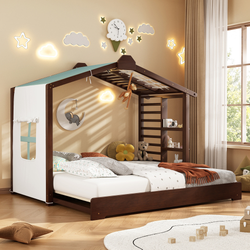 Twin Size House Bed with Twin Size Trundle and Side Shelves, Espresso - Pine,Plywood