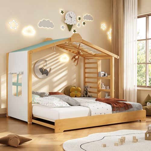 Twin Size House Bed with Twin Size Trundle and Side Shelves, Natural - Pine,Plywood