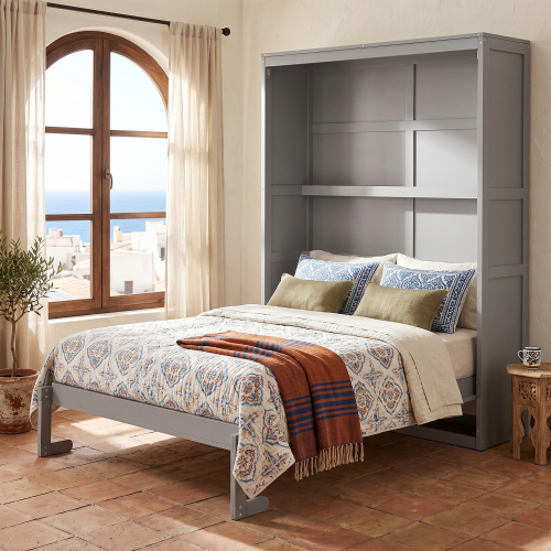 Full Size Murphy Bed Wall Bed with Shelves,Gray(OLD SKU:LP000692AAE-1) - Solid Wood+MDF