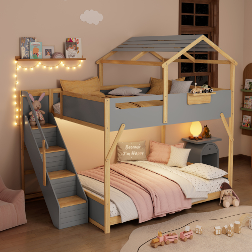 Full over Full House Bunk Bed with Stairs and 3-Color LED Lights, Gray - MDF,Pine,Plywood