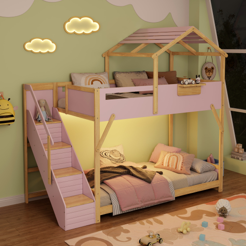 Twin over Twin House Bunk Bed with Stairs and 3-Color LED Lights, Pink - MDF,Pine,Plywood