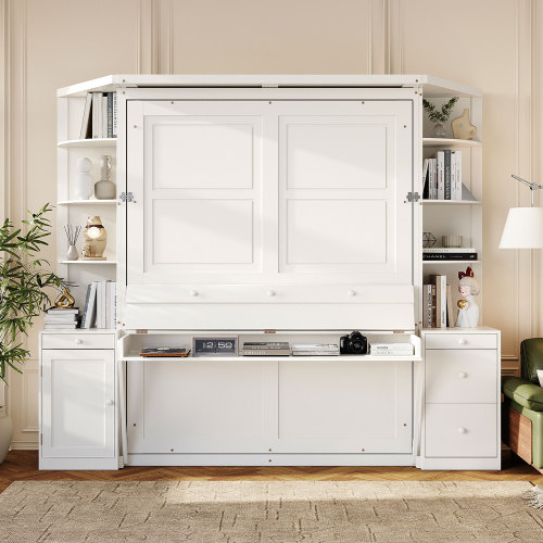 Queen Murphy Bed with Desk, Storage Shelves and Cabinets, Hidden Wall Bed for Space-Saving Home Office, Lights -White(OLD SKU:LP000739AAK-1) - MDF+LVL