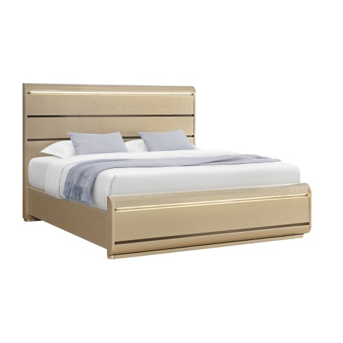 GIGI GOLD KING BED WITH LED LIGHTS - Solid Wood+MDF - Contemporary - Bedroom - Panel - Box Spring Required - Engineered Hardwood