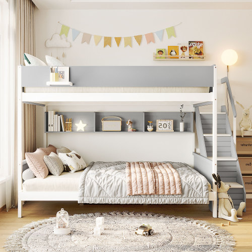 Full XL over Queen  Bunk Bed with Striped-Design Staircase and Side Shelves, Gray - MDF,Pine,Plywood