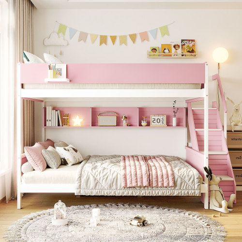 Full XL over Queen  Bunk Bed with Striped-Design Staircase and Side Shelves, Pink - MDF,Pine,Plywood