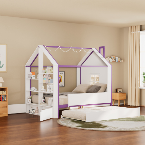 Full Size House Bed Frame with Pull-Out Trundle, Tail End Storage Shelves and Cool White LED Lights, White+Purple - MDF,Pine,Plywood