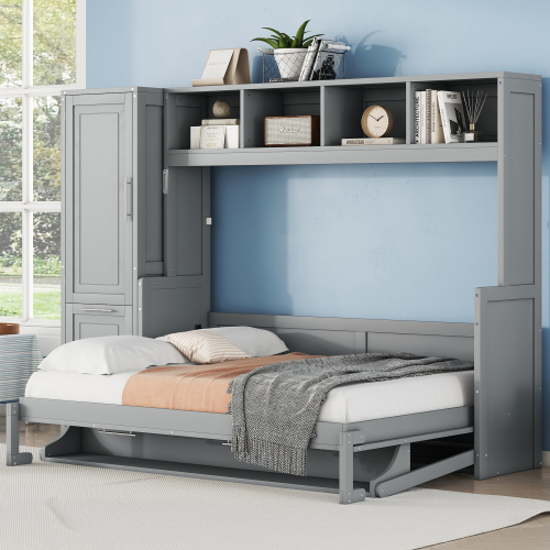 Full Size Murphy Bed Wall Bed with Closet and Drawers,Gray(OLD SKU:LP000792AAE-2) - MDF+LVL