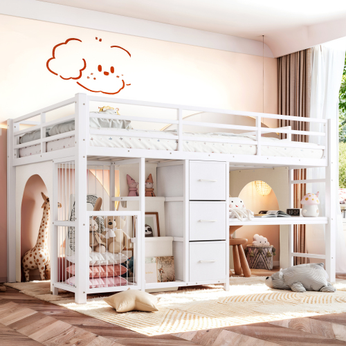 Twin Metal Low Loft Bed for Kids, Low Loft Bed with Storage Drawer, Low Loft Bed with Bookshelf & Built-in Desk, Sturdy Low Loft Bed Frame, Multi-Function Low Loft Bed for Kids.White - MDF+Metal