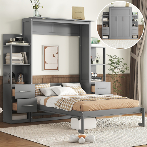 Full Size Murphy Bed Wall Bed with Shelves, Drawers and LED Lights,Gray(OLD SKU: LP000565AAE-1) - MDF,Pine,Plywood