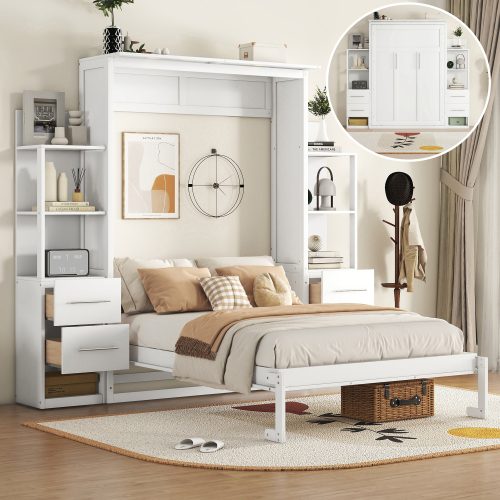 Full Size Murphy Bed Wall Bed with Shelves, Drawers and LED Lights,White(OLD SKU: LP000565AAK-1) - MDF,Pine,Plywood