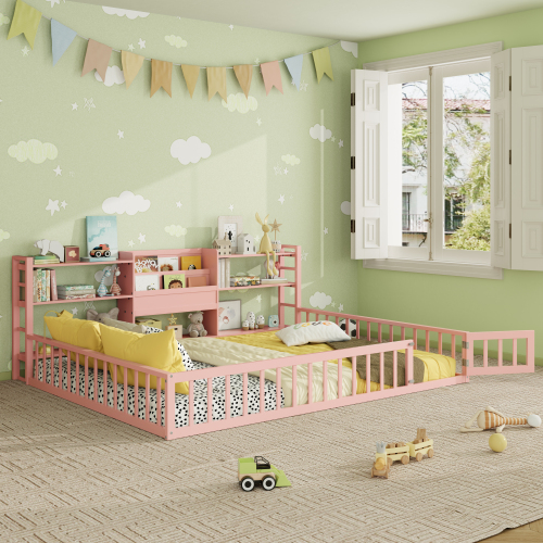 Queen Size Floor Fence Bed Frame with Bookcase and 3-Tier Storage Shelves, Pink - Solid Wood