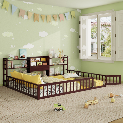 Queen Size Floor Fence Bed Frame with Bookcase and 3-Tier Storage Shelves, Espresso - Solid Wood