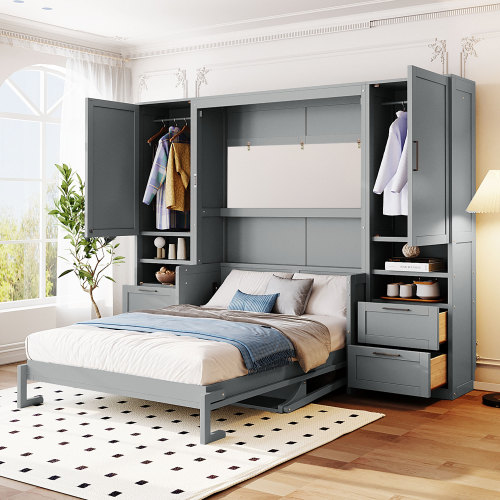 Full Size Murphy Bed Wall Bed with Closet ,Drawers and Shelves, Gray(OLD SKU:LP000908AAE-1) - MDF+LVL