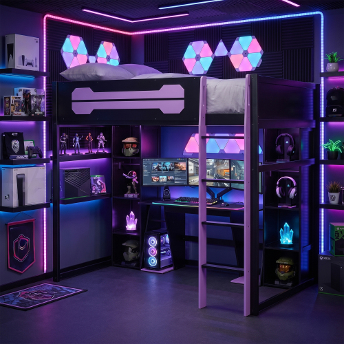 Full-Size Wooden Gaming Loft Bed with Desk and Storage, RGB LED Light, USB Charging Station, Built-in Wardrobe & Cabinets, Space-Saving Loft Bed Frame for Bedroom-Purple - Solid Wood+MDF