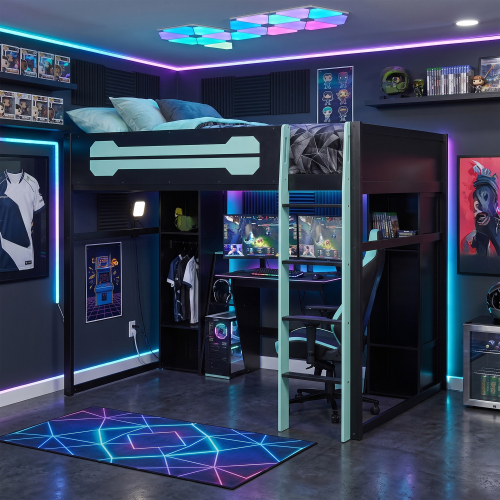Full-Size Wooden Gaming Loft Bed with Desk and Storage, RGB LED Light, USB Charging Station, Built-in Wardrobe & Cabinets, Space-Saving Loft Bed Frame for Bedroom-Blue - Black+Blue - Solid Wood+MDF
