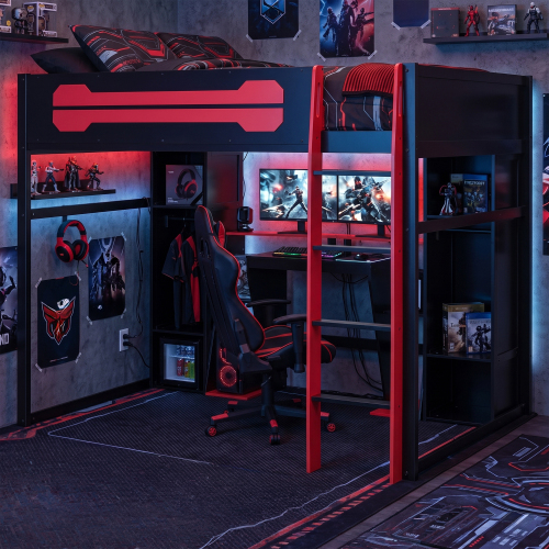Full-Size Wooden Gaming Loft Bed with Desk and Storage, RGB LED Light, USB Charging Station, Built-in Wardrobe & Cabinets, Space-Saving Loft Bed Frame for Bedroom-Red - Black+Red - Solid Wood+MDF