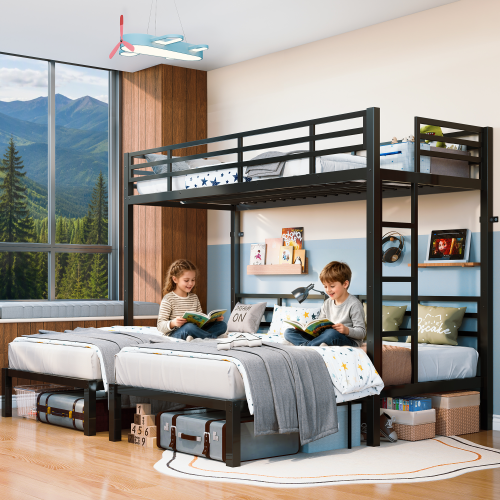 Triple Bunk Bed Twin over Twin & Twin Metal Bunk Beds for Kids Teens Adults, Convertible L-Shaped 3 Beds Frame with Length Guardrail & Built-in Ladder, Heavy Duty Space Saving Metal Slat Base, Black - Modern - Bedroom - Box Spring Not Required
