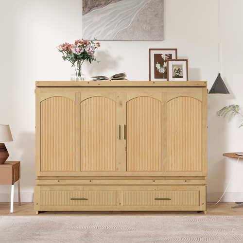 Queen Size Murphy Bed, Pine Wood Cabinet Bed with Charging Station and Ripple Decoration Panels,Light Teak