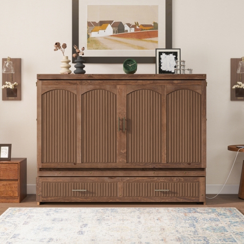 Queen Size Murphy Bed, Pine Wood Cabinet Bed with Charging Station and Ripple Decoration Panels ,Walnut