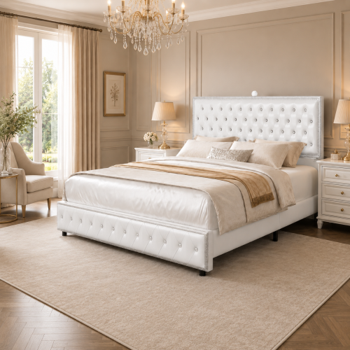 Queen Bed Frame with Starry Sky Projector, Built-in Speaker & USB Port, Crystal Tufted Upholstered Platform Bed with Adjustable Headboard, Wood Slat Support, No Box Spring Needed, PU Leather White - Engineered Wood