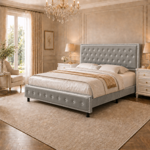 Full Bed Frame with Starry Sky Projector, Built-in Speaker & USB Port, Crystal Tufted Upholstered Platform Bed with Adjustable Headboard, Wood Slat Support, No Box Spring Needed, Velvet Grey - Engineered Wood