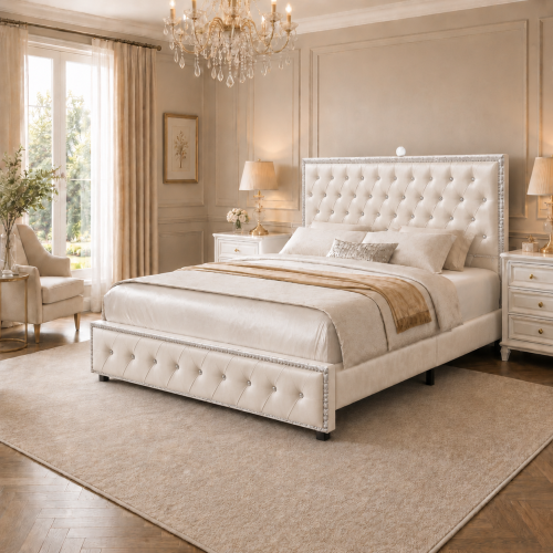 Full Bed Frame with Starry Sky Projector, Built-in Speaker & USB Port, Crystal Tufted Upholstered Platform Bed with Adjustable Headboard, Wood Slat Support, No Box Spring Needed, Velvet Cream - Engineered Wood