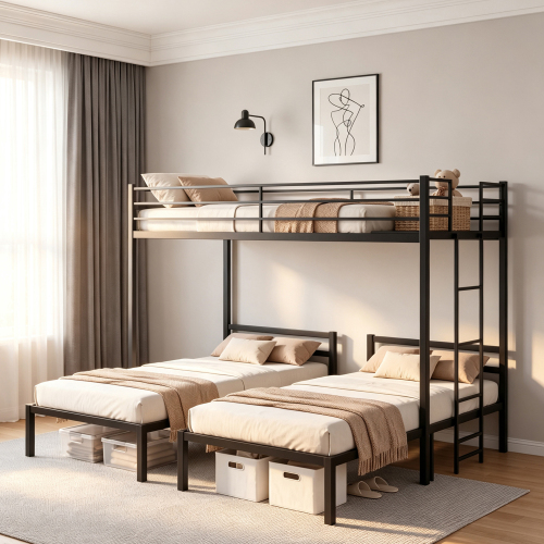 Triple Bunk Bed Frame Twin over Twin & Twin, Heavy Metal Loft Bed for 3 Kids Teens Adults, Space-Saving T-Shaped Bed with Ladder & Guardrails, 12.2" Under-Bed Clearance, No Box Spring Needed, Black - Modern - Bedroom - Box Spring Not Required