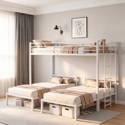 Triple Bunk Bed Frame Twin over Twin & Twin, Heavy Duty Metal T-Shaped Loft Bed for Kids & Teens, Safety Guardrails, Integrated Ladder, Under-Bed Storage, No Box Spring Needed, White - Modern - Bedroom - Box Spring Not Required