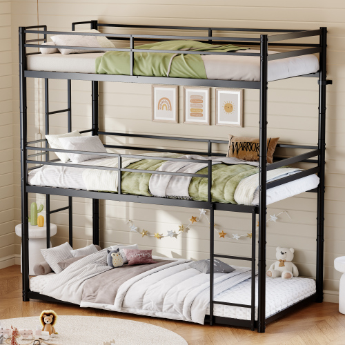Metal Triple Bunk Bed Twin over Twin over Twin, Heavy Duty 3-in-1 Convertible Metal Bunk Bed Frame with Ladders, Guardrails & Anti-Tip Kit, Space-Saving Bed for Kids, Teens, Adults, No Box Spring Need - Black - Bedroom - Box Spring Not Required - Iron