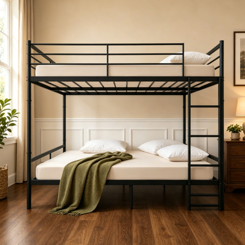 Queen over Queen Bunk Bed Metal, Heavy Duty Metal Bunk Bed with Full Guardrails and Front Ladder, Convertible into 2 Individual Queen Beds, Noise Free, No Box Spring Needed for Adults Teens, Black - Modern - Bathroom - Box Spring Not Required