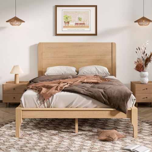Queen Size Bed with Tall Headboard & Footboard, Pinewood Platform Bed with Strengthened Bed Frame,Natural Oak