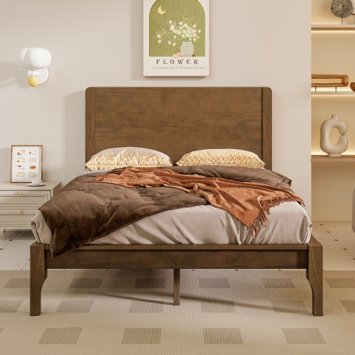 Queen Size Bed with Tall Headboard & Footboard, Pinewood Platform Bed with Strengthened Bed Frame,Walnut