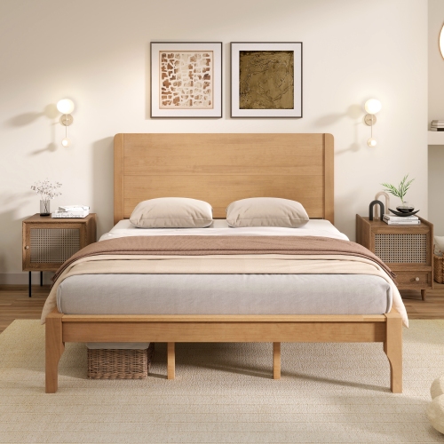 King Size Bed with Tall Headboard & Footboard, Pinewood Platform Bed with Strengthened Bed Frame,Natural Oak