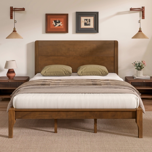 King Size Bed with Tall Headboard & Footboard, Pinewood Platform Bed with Strengthened Bed Frame,Walnut