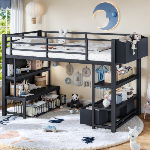 Twin Metal Low Loft Bed for Kids, Low Loft Bed with Storage Drawer, Low Loft Bed with Bookshelf & Storage Bag, Sturdy Low Loft bed Frame with Open Storage Space for Bedroom, Black - MDF+Metal - MDF