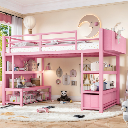 Twin Metal Low Loft Bed for Kids, Low Loft Bed with Storage Drawer, Low Loft Bed with Bookshelf & Storage Bag, Sturdy Low Loft bed Frame with Open Storage Space for Bedroom, Pink - MDF+Metal - MDF