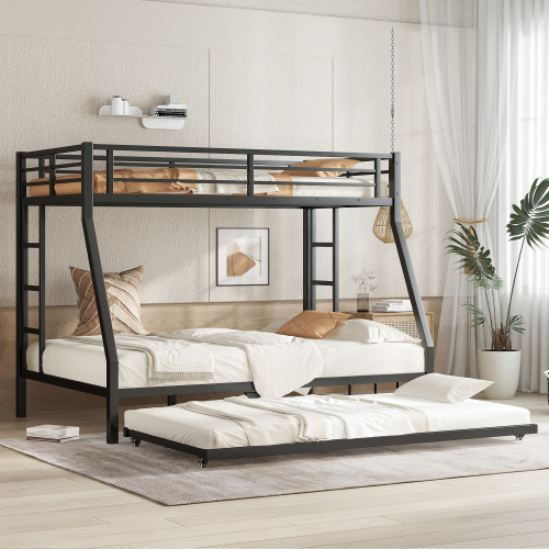 Twin over Full Metal Bunk Bed with Twin Size Trundle, Black - Not Specified - Not Specified