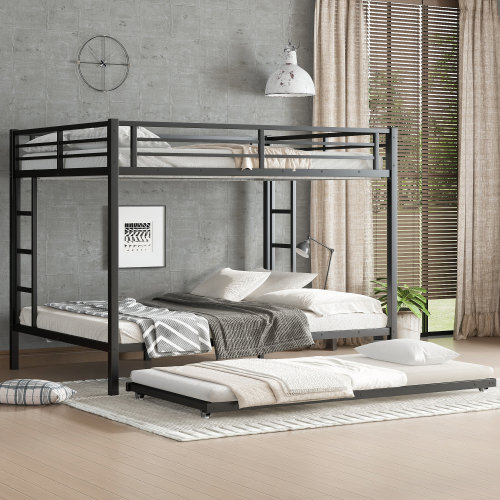 Queen over Queen Metal Bunk Bed with Twin Size Trundle, Black