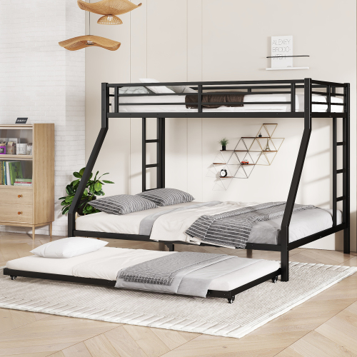 Twin XL Over Queen Metal Bunk Bed with Twin Size Trundle, Black - Not Specified - Not Specified