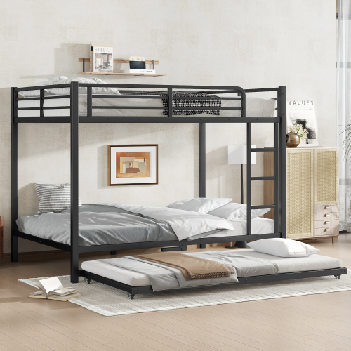 Full over Full Metal Bunk Bed with Twin Size Trundle, Black - Black - Metal - Full - Metal - Full
