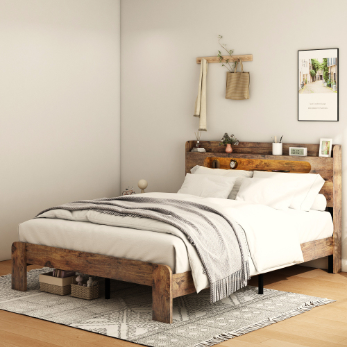 Bed Frame Full Size, Wood Platform Bed Frame with Storage LED Light Headboard and 2 USB , Noise Free,No Box Spring Needed and Easy Assembly Tool,Large Under Bed Storage,Dark Brown - Metal & Wood - Metal & Wood - Bedroom - Box Spring Not Required