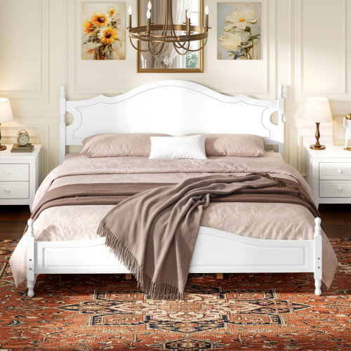 King Bed Frame with Headboard, Retro Style Wooden Platform Bed with Wood Slats Support, King Bed Frame No Box Spring Needed, Easy Assembly, White